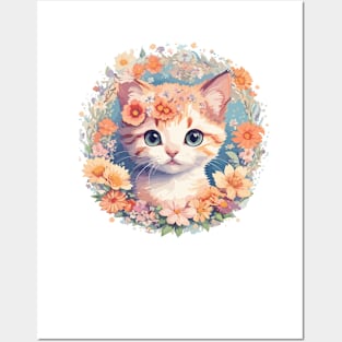 Cute cat with flowers circle Posters and Art